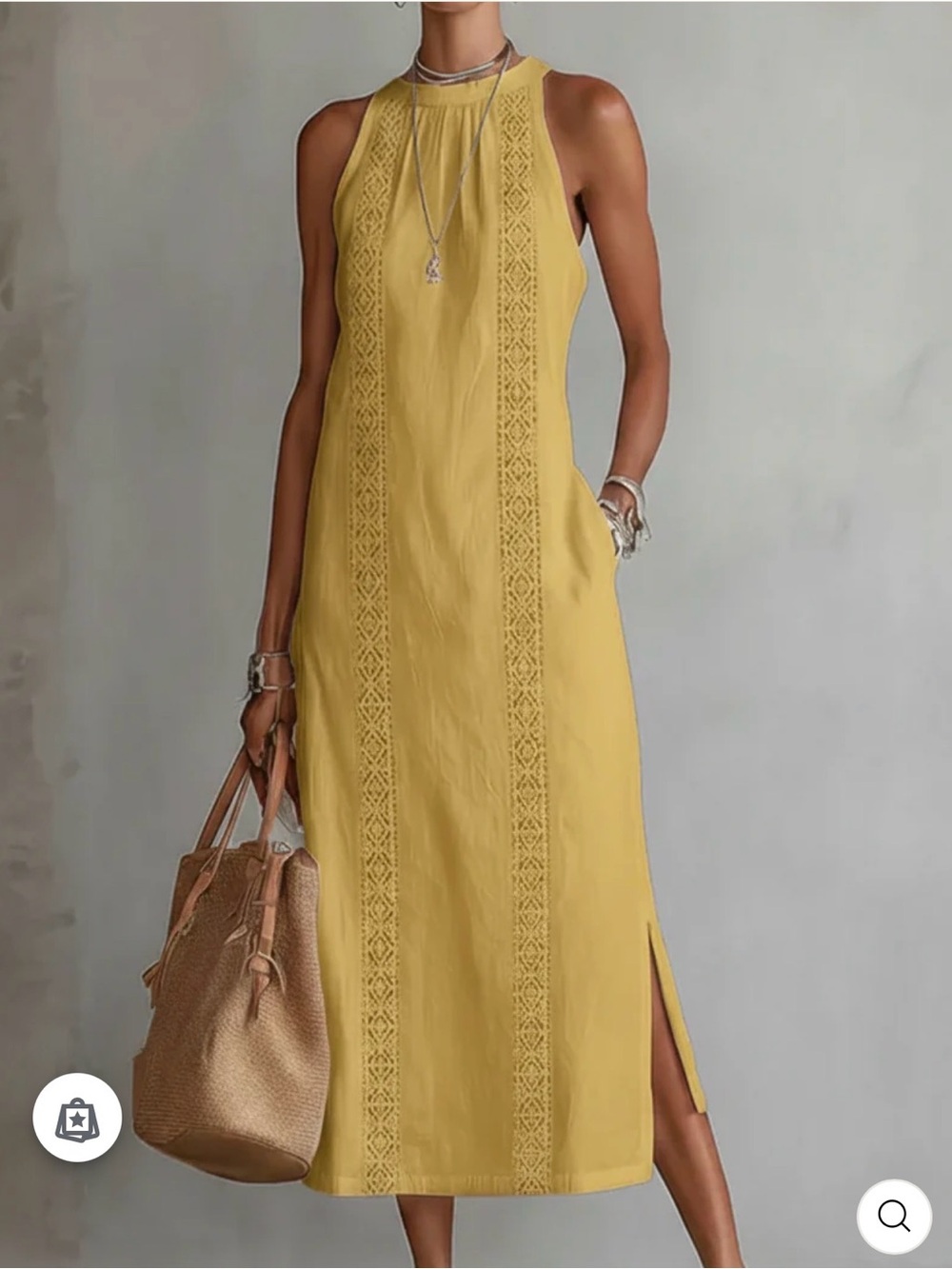 Sleeveless Crochet-Panel Midi Dress in Yellow